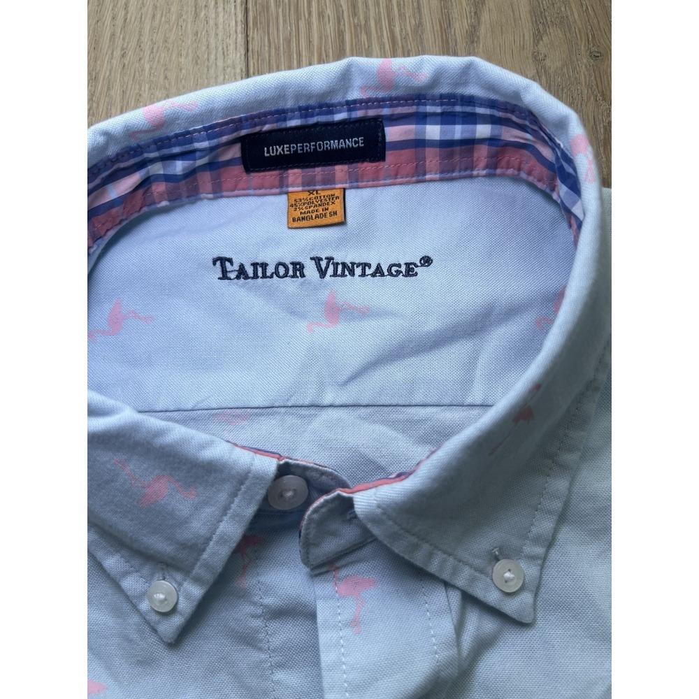 Men's‎ Taylor Vintage Blue Short Sleeve Button Up Shirt with Pink Flamingos XL